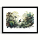 Framed rainforest landscape wall art with a black mat, showcasing vibrant green foliage and a serene atmosphere, perfect for home decor.
