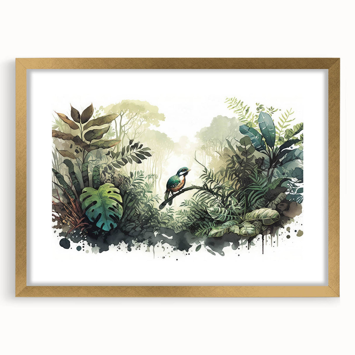 Framed wall art depicting a vibrant rainforest landscape with lush green foliage and golden accents, perfect for adding a touch of nature to interior decor.