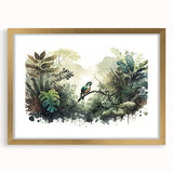 Framed wall art depicting a vibrant rainforest landscape with lush green foliage and golden accents, perfect for adding a touch of nature to interior decor.