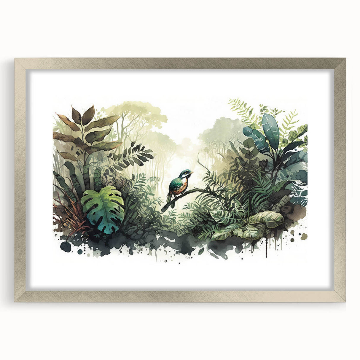 Framed rainforest landscape wall art with a silver mat, showcasing vibrant greenery and serene natural elements, perfect for enhancing home decor.