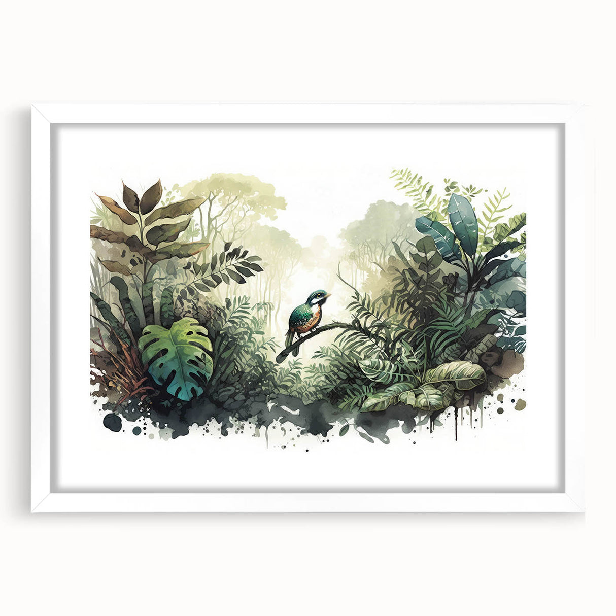 Framed wall art showcasing a vibrant rainforest landscape design with lush greenery and colorful tropical flora, set in a sleek white frame, perfect for home decor.