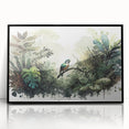 Framed wall art featuring a vibrant rainforest landscape design, showcasing lush greenery and intricate details, presented in a sleek black frame for modern decor.