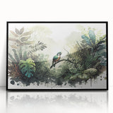 Framed wall art featuring a vibrant rainforest landscape design, showcasing lush greenery and intricate details, presented in a sleek black frame for modern decor.