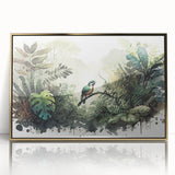 Framed acrylic wall art featuring a vibrant rainforest landscape design with gold accents, ideal for adding a luxurious touch to home decor.