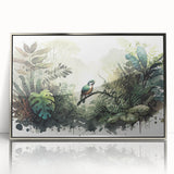 Framed wall art featuring a vibrant rainforest landscape, showcasing lush greenery and intricate details, presented in a sleek silver frame for modern decor.