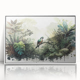 Framed acrylic wall art showcasing a vibrant rainforest landscape design, featuring lush green foliage and rich natural colors, set in a sleek white frame. Perfect for enhancing home decor.