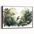 Framed canvas print of vibrant rainforest landscape art showcasing lush greens and detailed foliage, presented with a sleek black frame for modern decor.
