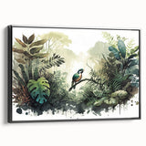 Framed canvas print of vibrant rainforest landscape art showcasing lush greens and detailed foliage, presented with a sleek black frame for modern decor.