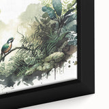 Framed wall art showcasing a vibrant rainforest landscape design, featuring rich greens and intricate details, perfect for nature lovers and home decor enthusiasts.