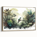 Framed canvas artwork showcasing a vibrant rainforest landscape design, featuring lush green foliage and rich colors, complemented by a sleek gold frame. Perfect for adding a touch of nature to home decor.
