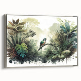 Framed canvas wall art showcasing a vibrant rainforest landscape design with rich green foliage and silver accents, ideal for nature-inspired decor.