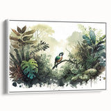 Framed canvas wall art featuring a lush rainforest landscape design, showcasing vibrant green foliage and intricate details, presented in a modern white frame.
