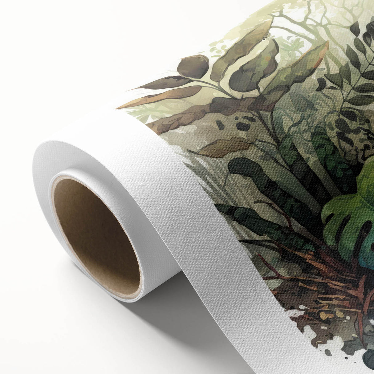 Vibrant rainforest landscape wall art design printed on rolled canvas, showcasing lush greenery and tropical foliage in rich colors, perfect for home decor.