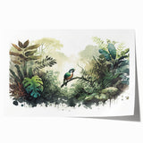 Vibrant rainforest landscape wall art print showcasing lush green foliage and tropical flora, rolled in a protective cardboard tube for easy shipping.