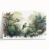 Vibrant rainforest landscape wall art collection featuring lush green foliage and serene natural elements, printed on stretched canvas and elegantly leaning against a textured wall.