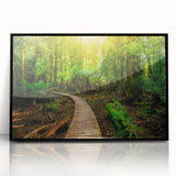 Framed acrylic wall art showcasing a lush rainforest landscape, featuring vibrant green foliage and intricate detail, perfect for home decor or office settings.