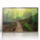 Framed acrylic wall art showcasing a vibrant rainforest landscape design, featuring rich greens and gold accents, perfect for adding a touch of nature to any decor.
