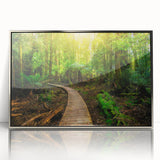 Framed acrylic wall art showcasing a vibrant rainforest landscape with lush greenery and a silver frame, perfect for enhancing modern interior decor.