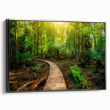 Framed wall art showcasing a vibrant rainforest landscape design, featuring lush greenery and tropical colors, displayed from a black side view angle, perfect for home décor.