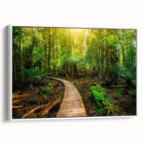 Framed canvas wall art showcasing a vibrant rainforest landscape design with lush greens and intricate details, presented from a side view against a white background. Ideal for nature enthusiasts and modern decor.