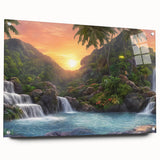 Acrylic glass wall art collection showcasing a vibrant rainforest landscape design, featuring lush greenery and colorful wildlife, displayed from the side with decorative pins.