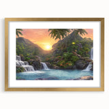 Framed wall art featuring a lush rainforest landscape design, accented with a gold frame and mat. Ideal for adding vibrant natural beauty to home decor.