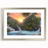 Framed wall art featuring a vibrant rainforest landscape design, showcasing lush greenery and tropical colors, elegantly presented with a silver mat for a modern touch.