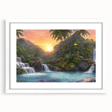 Framed rainforest landscape wall art design, showcasing vibrant greens and earthy tones, presented in a white mat and sleek frame, ideal for nature-themed decor.