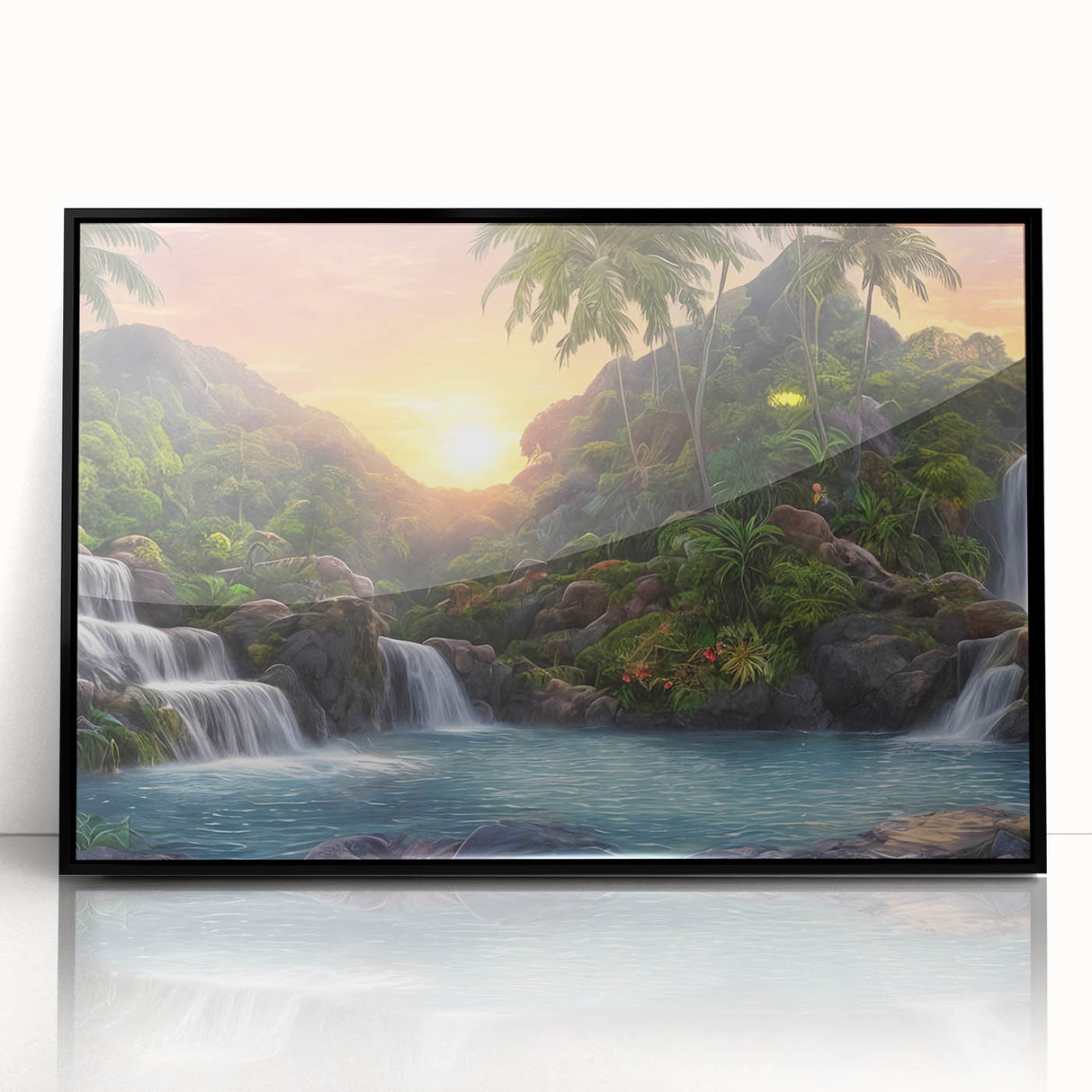 Framed acrylic wall art showcasing a vibrant rainforest landscape design, featuring lush green foliage and colorful flora, set in a sleek black frame, ideal for enhancing modern decor.