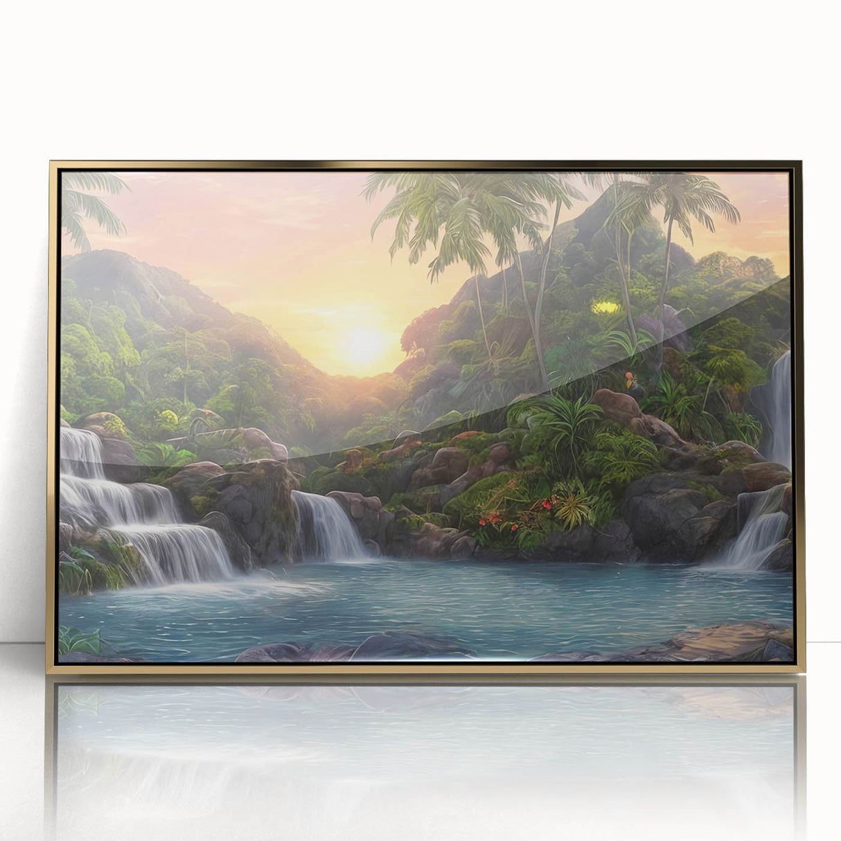 Framed acrylic wall art featuring a vibrant rainforest landscape design with gold accents, perfect for enhancing home decor and adding a touch of nature-inspired elegance.