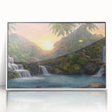 Framed landscape wall art featuring a vibrant rainforest design with lush greenery and intricate details, set against a white backdrop, perfect for home decor.