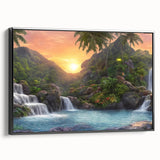 Framed canvas wall art showcasing a vibrant rainforest landscape design with lush greenery and rich colors, featuring a sleek black frame and side view perspective.