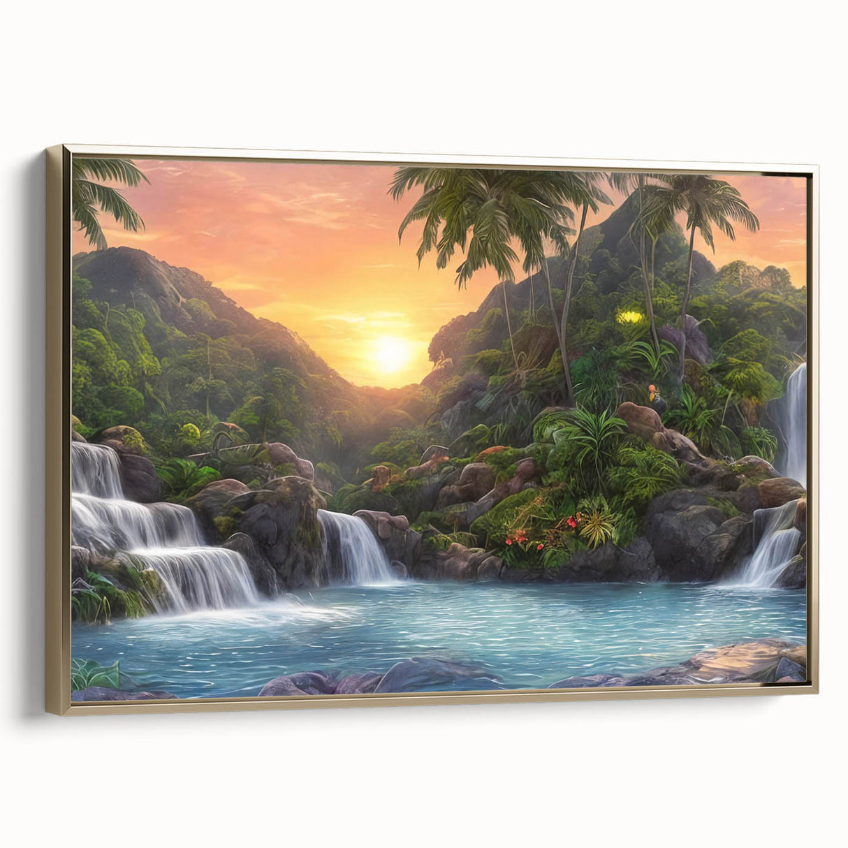 Framed canvas wall art showcasing a vibrant rainforest landscape design with lush green foliage and golden accents, perfect for home decor and nature lovers.
