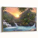 Framed canvas wall art showcasing a vibrant rainforest landscape design with lush green foliage and golden accents, perfect for home decor and nature lovers.