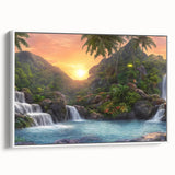 Framed canvas wall art depicting a vibrant rainforest landscape, showcasing lush greenery and tropical colors, perfect for adding nature-inspired decor to any room.
