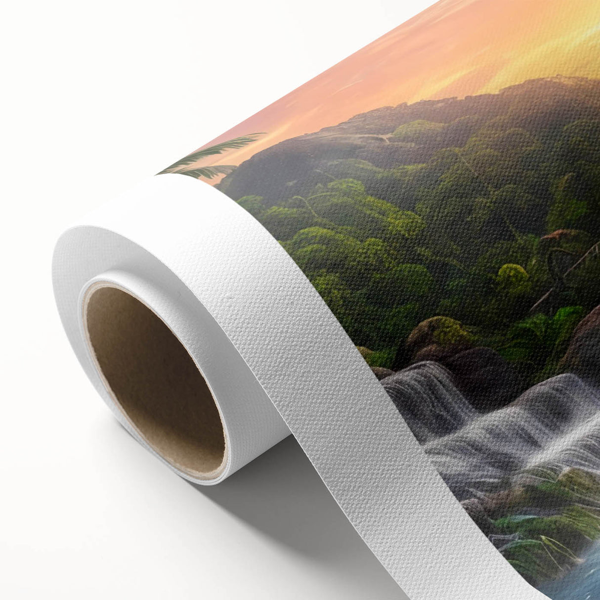 Vibrant rainforest landscape wall art design printed on rolled canvas, showcasing lush greenery and tropical flora, ideal for home decor and nature enthusiasts.