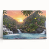 Vibrant rainforest landscape wall art on stretched canvas, showcasing lush greenery and vivid colors, perfect for enhancing home decor with a natural theme.