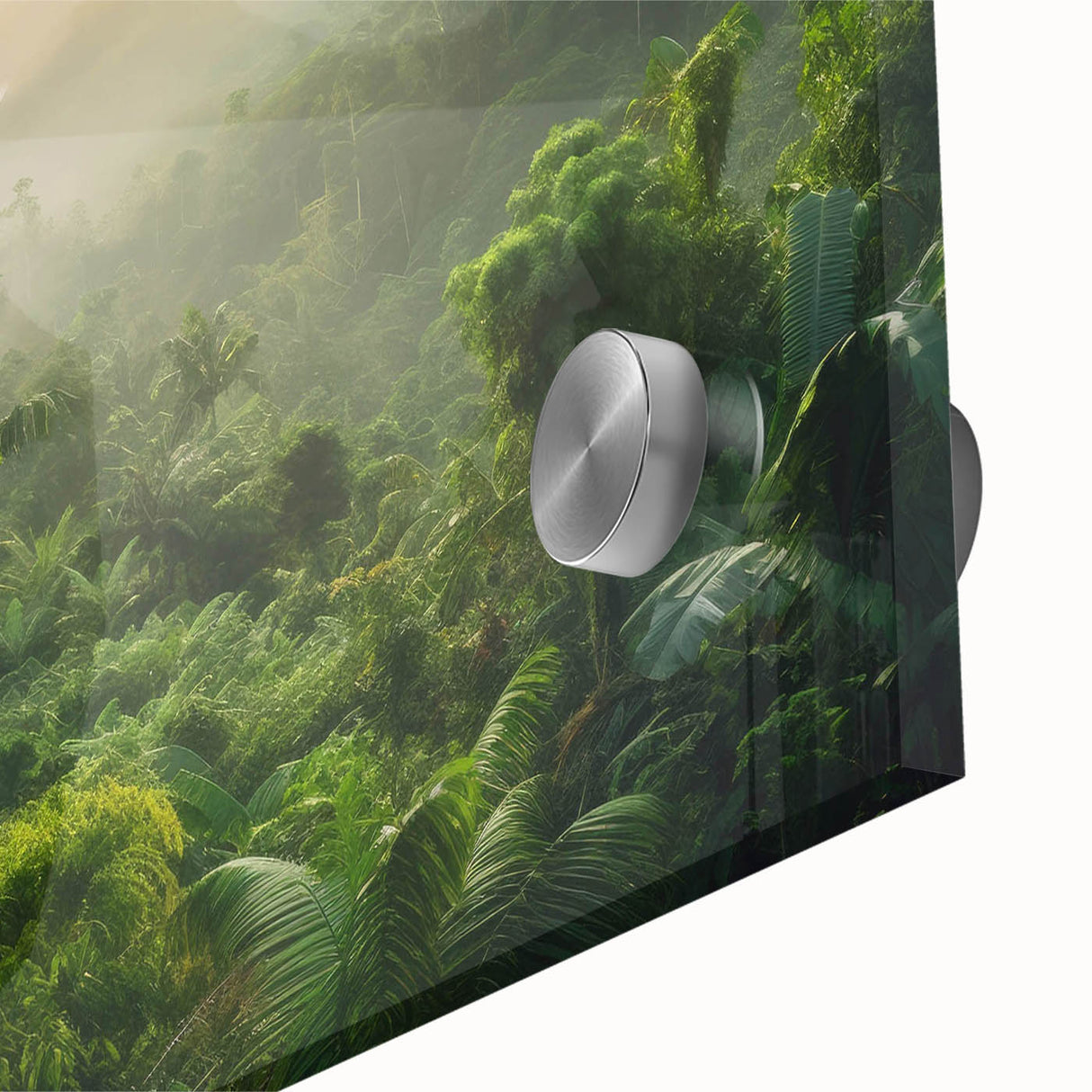 Close-up of a vibrant rainforest landscape wall art piece, showcasing lush green foliage and intricate details, perfect for enhancing home decor with nature-inspired aesthetics. Ideal for art enthusiasts seeking eco-friendly, acrylic glass designs that bring the beauty of the tropics indoors.