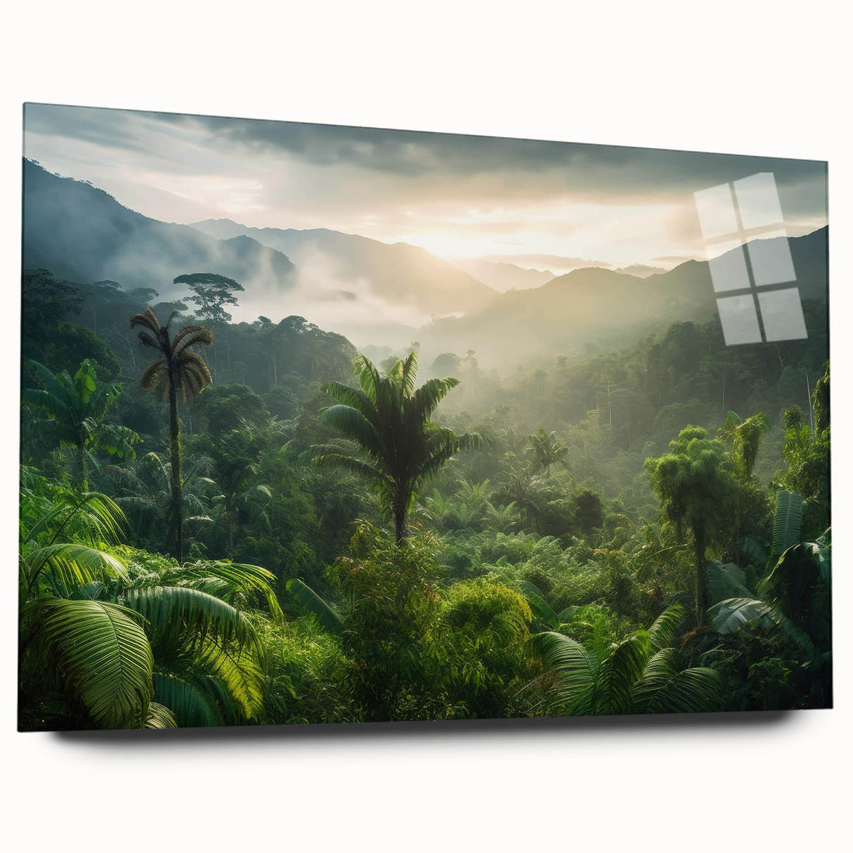 Vibrant rainforest landscape wall art collection featuring acrylic glass design, showcasing lush green foliage and vivid colors, perfect for nature-themed decor.