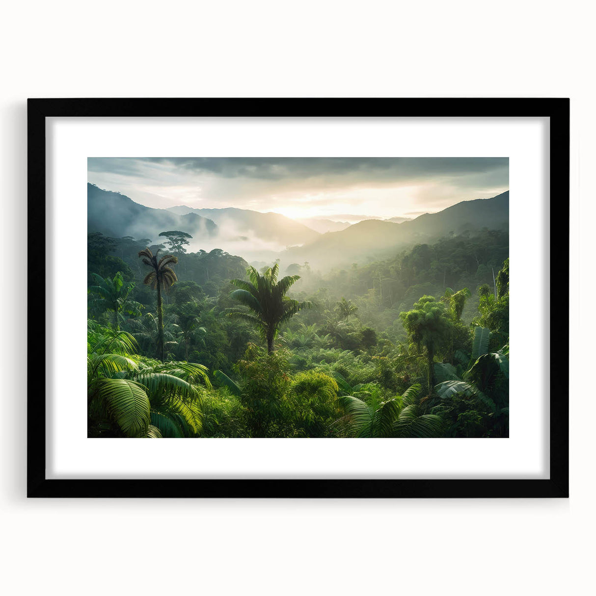 Framed wall art depicting a vibrant rainforest landscape, featuring lush greenery and vivid colors, with a sleek black frame and mat, perfect for home decor.