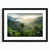 Framed wall art depicting a vibrant rainforest landscape, featuring lush greenery and vivid colors, with a sleek black frame and mat, perfect for home decor.