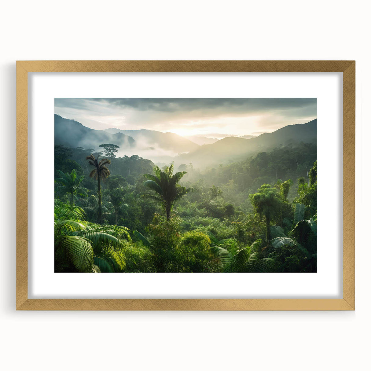 Framed wall art showcasing a vibrant rainforest landscape design with lush greenery, gold accents, and a mat border, ideal for home decor enhancement.