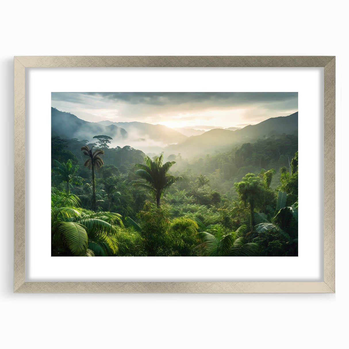 Framed rainforest wall art collection featuring vibrant green foliage and intricate designs, elegantly showcased in a silver frame with a mat, perfect for home decor.