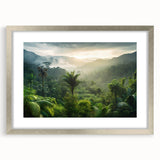 Framed rainforest wall art collection featuring vibrant green foliage and intricate designs, elegantly showcased in a silver frame with a mat, perfect for home decor.