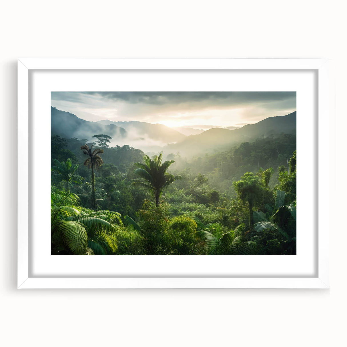 Framed rainforest landscape wall art design showcasing vibrant greenery and tropical foliage, displayed with a white mat for an elegant finish. Perfect for enhancing home decor with a touch of nature.