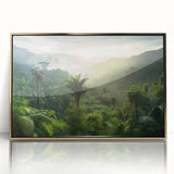 Framed acrylic wall art featuring a vibrant rainforest landscape design with gold accents, showcasing lush greenery and a serene atmosphere, perfect for home decor.