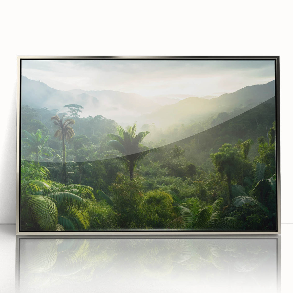 Framed acrylic wall art showcasing a vibrant rainforest landscape design with lush greenery and intricate details, perfect for enhancing home decor.