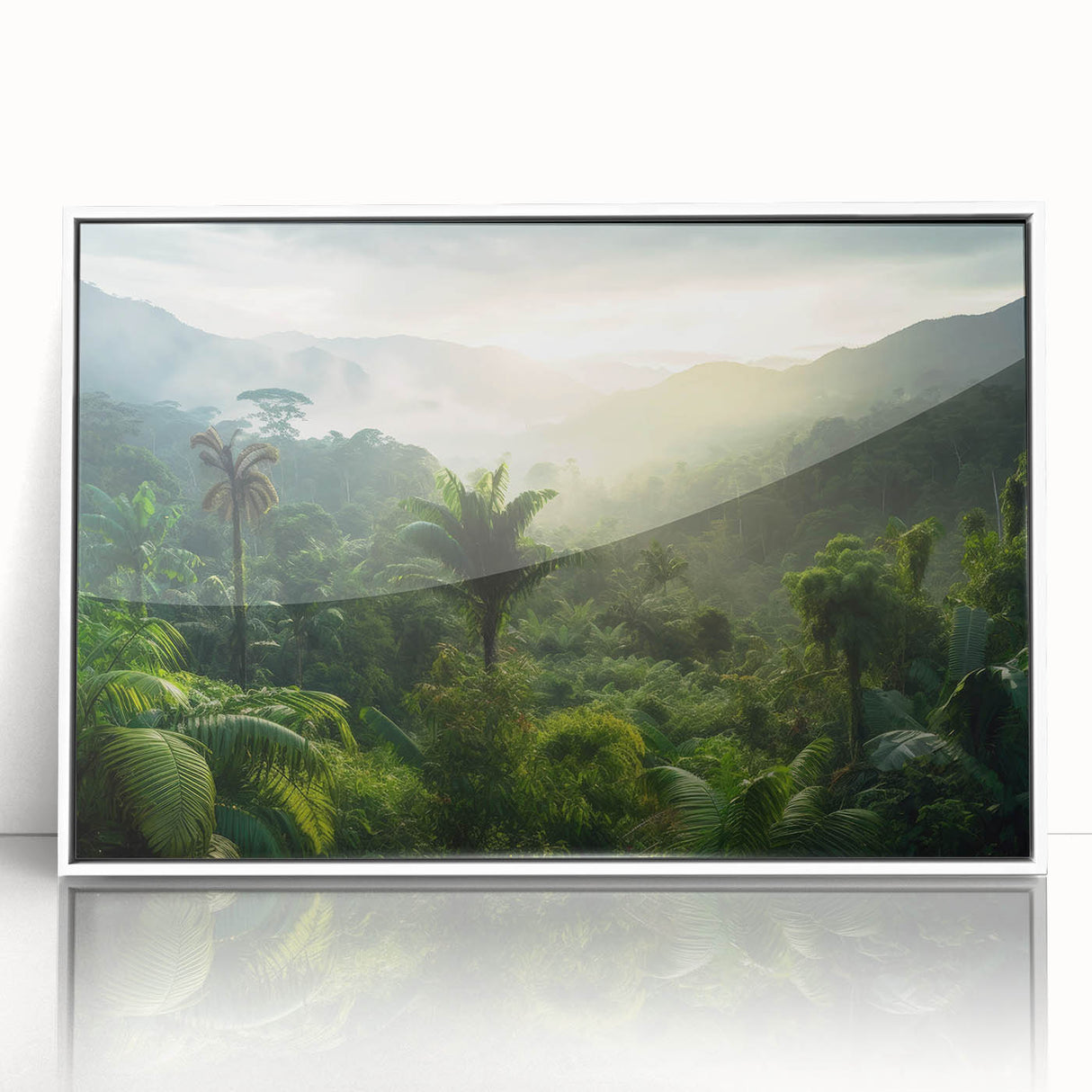 Framed acrylic wall art showcasing a vibrant rainforest landscape, featuring lush green foliage and intricate details, perfect for enhancing home decor.