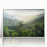 Framed acrylic wall art showcasing a vibrant rainforest landscape, featuring lush green foliage and intricate details, perfect for enhancing home decor.