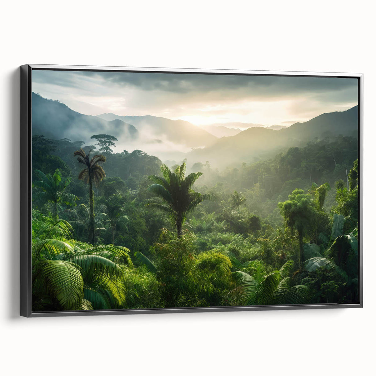 Framed canvas wall art showcasing a vibrant rainforest landscape design, featuring lush greenery and detailed foliage in a black frame, ideal for home decor.